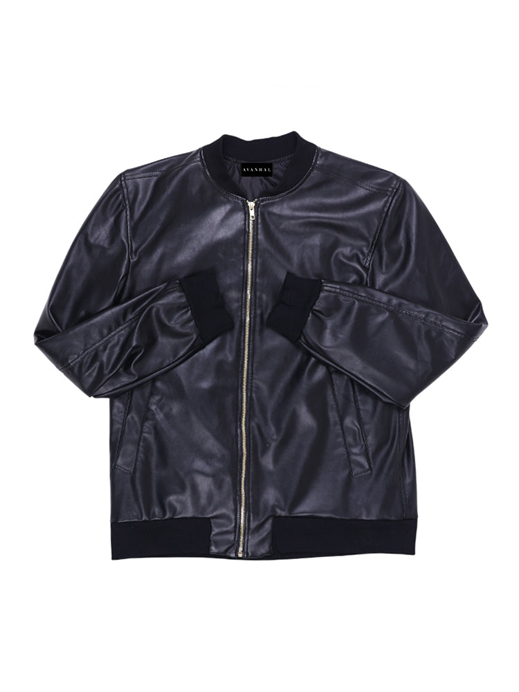Black Faux Bomber Leather Jacket